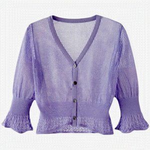 CROCHET cropped puff sleeve mesh periwinkle purple cardigan